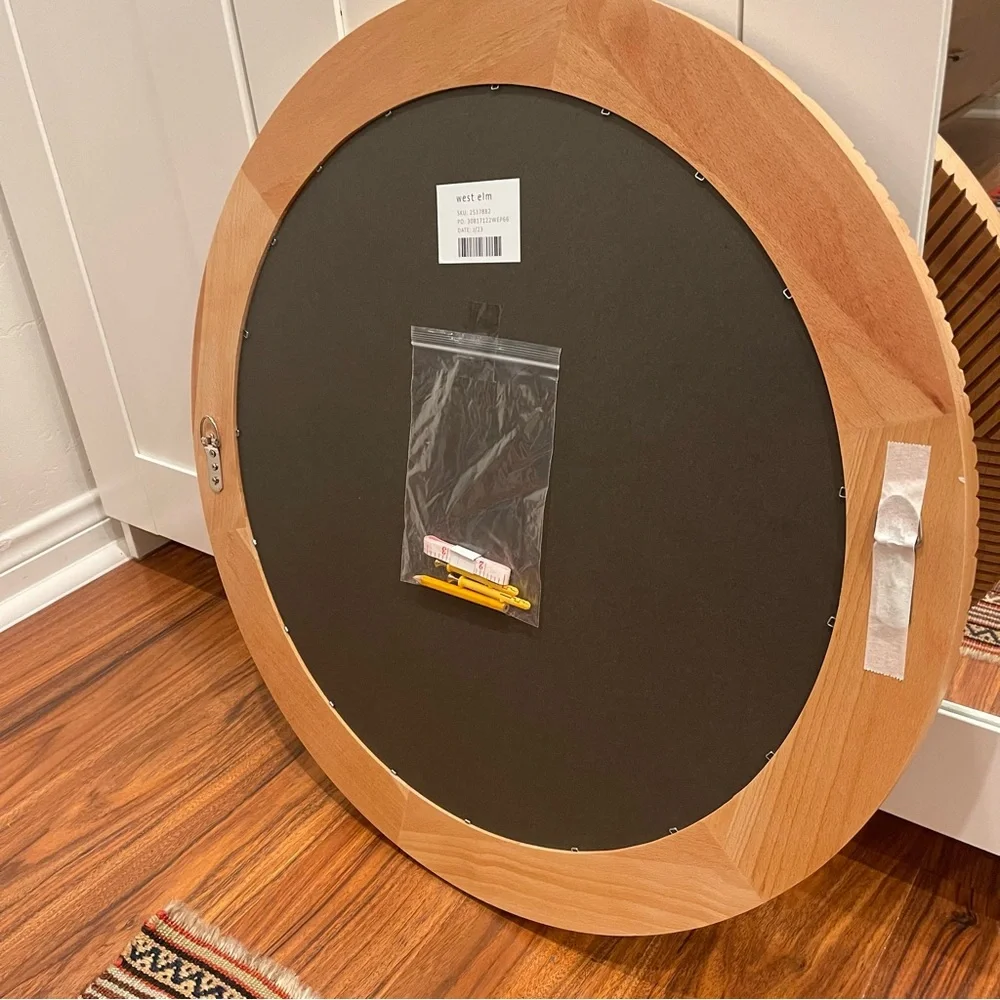 NEW West Elm Large Round Mirror Grooved Wood Boho Wall Hanging Decor - 24” Diam